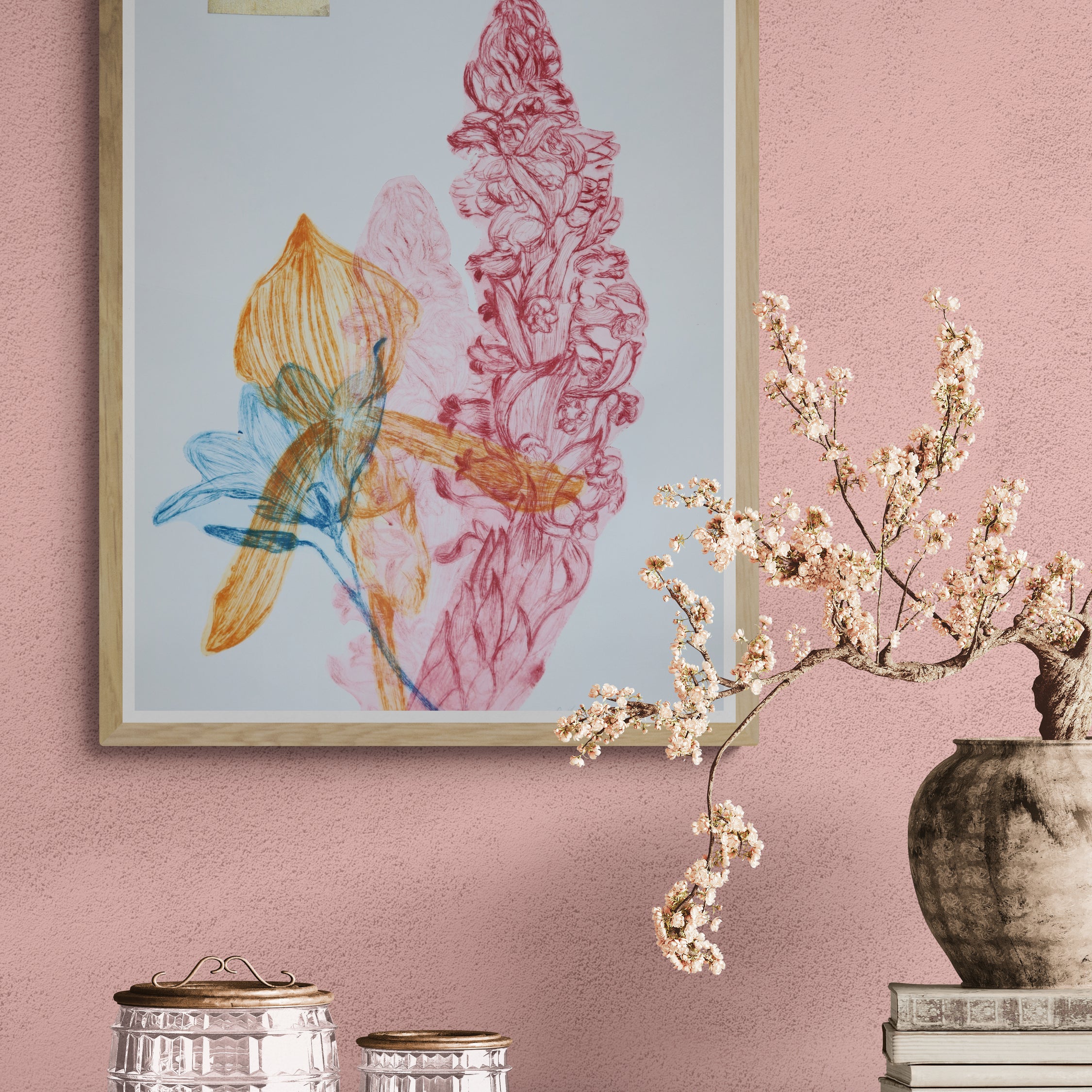Œuvre de la collection Vanitas encadrée, gravure sur papier, composition florale associée à un motif d’œil, présentée en intérieur.