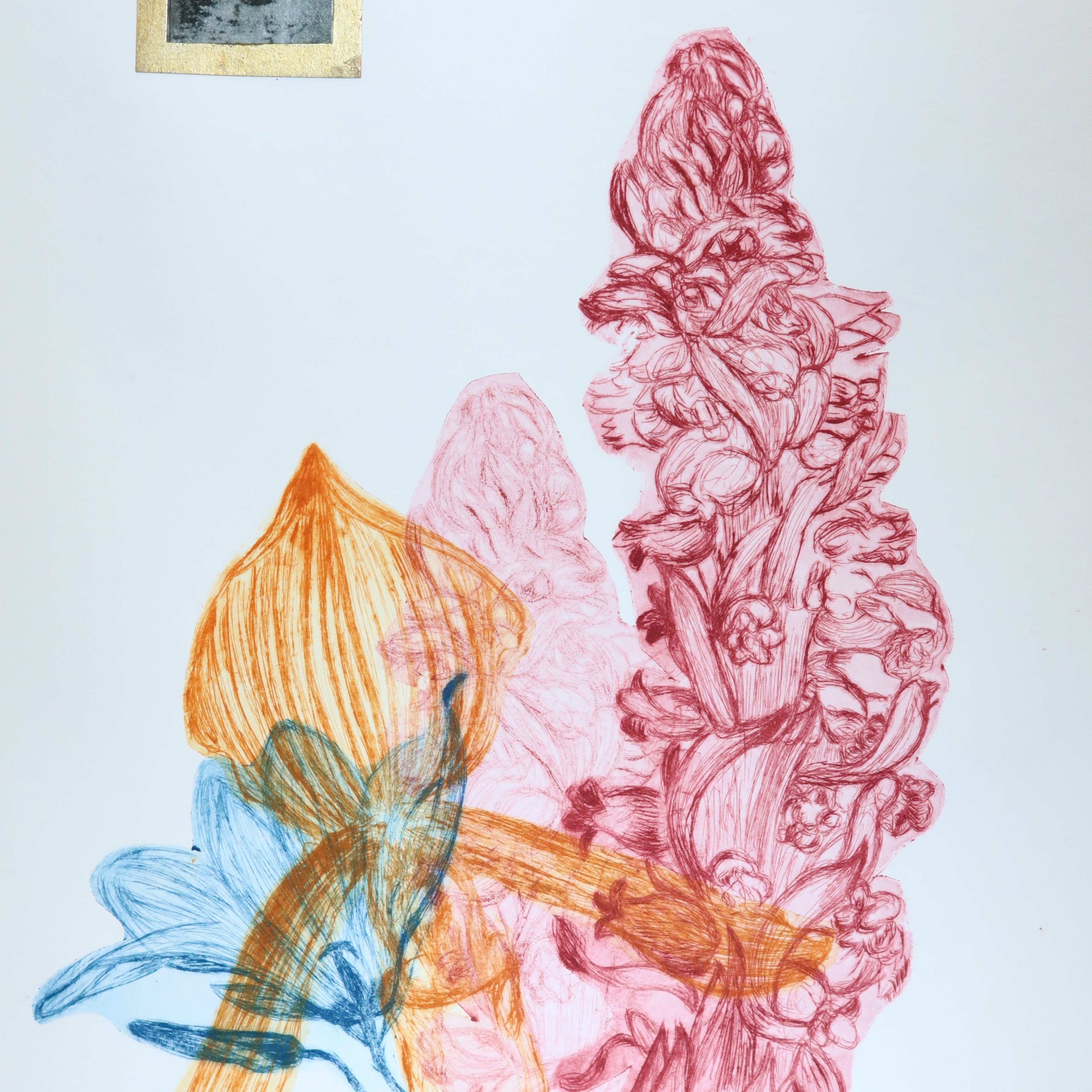 Œuvre originale de la collection Vanitas, gravure sur papier, composition florale associée à un motif d’œil.