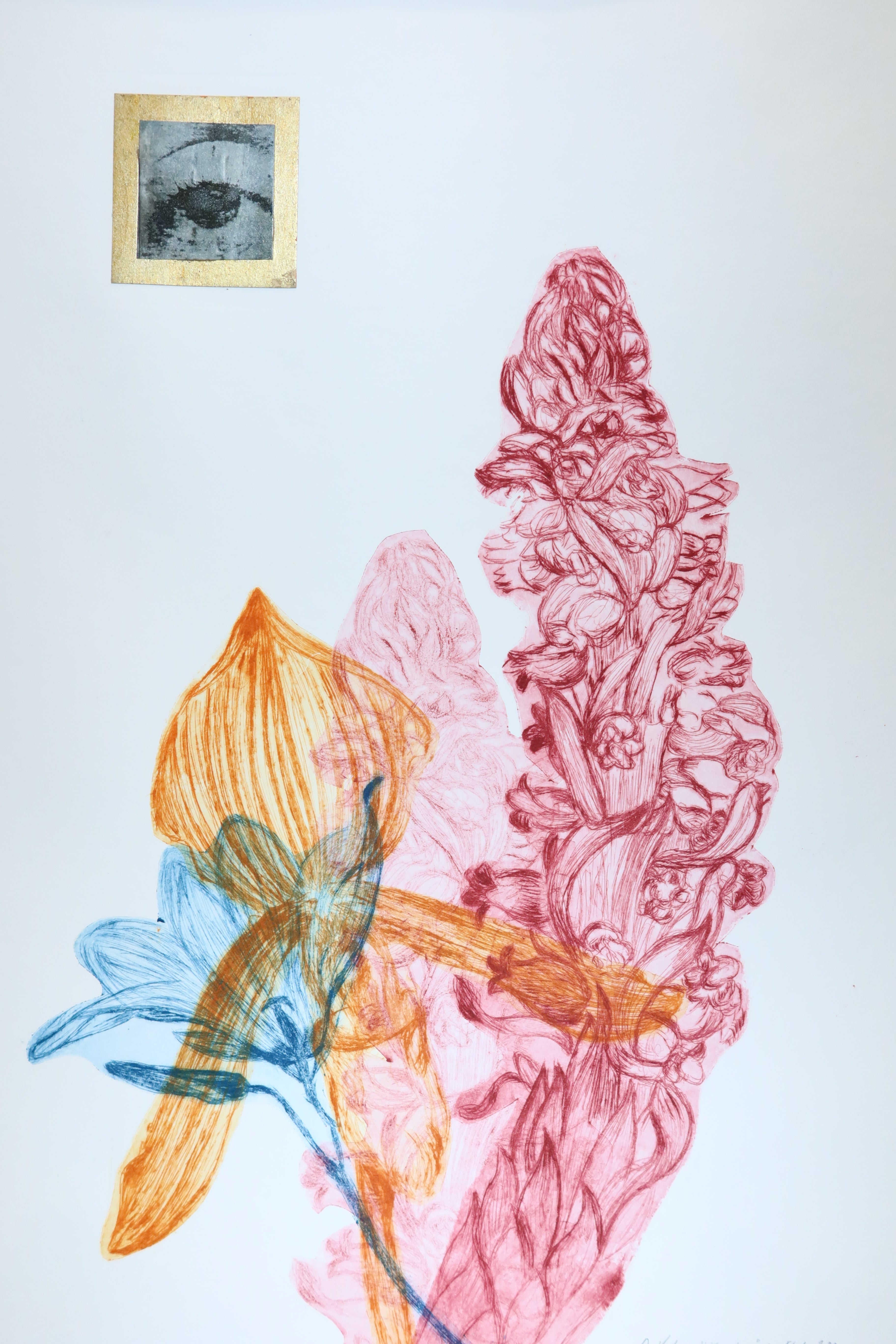 Œuvre originale de la collection Vanitas, gravure sur papier, composition florale associée à un motif d’œil.