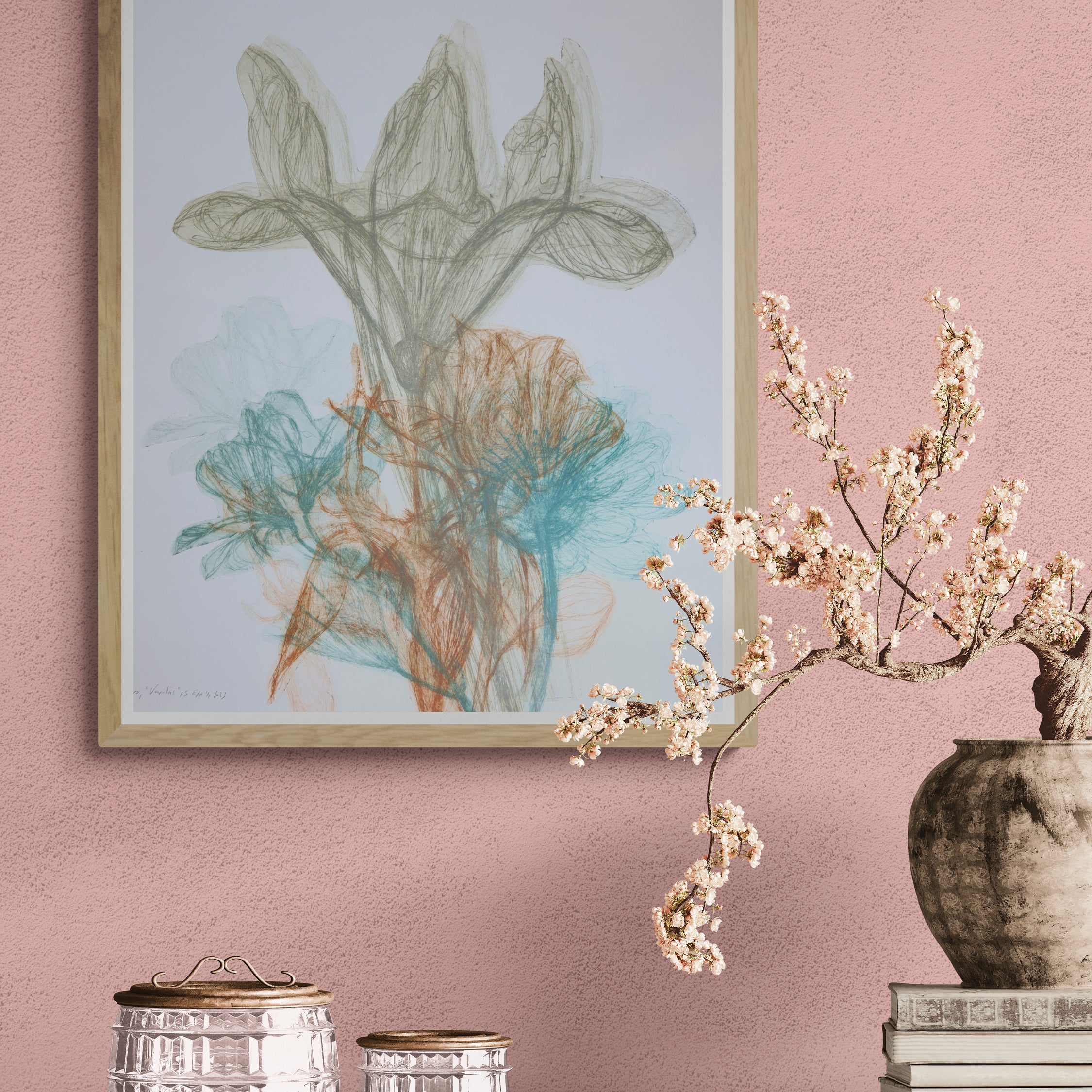 Œuvre de la collection Vanitas encadrée, gravure sur papier, motifs de fleurs au rendu délicat, présentée en intérieur.