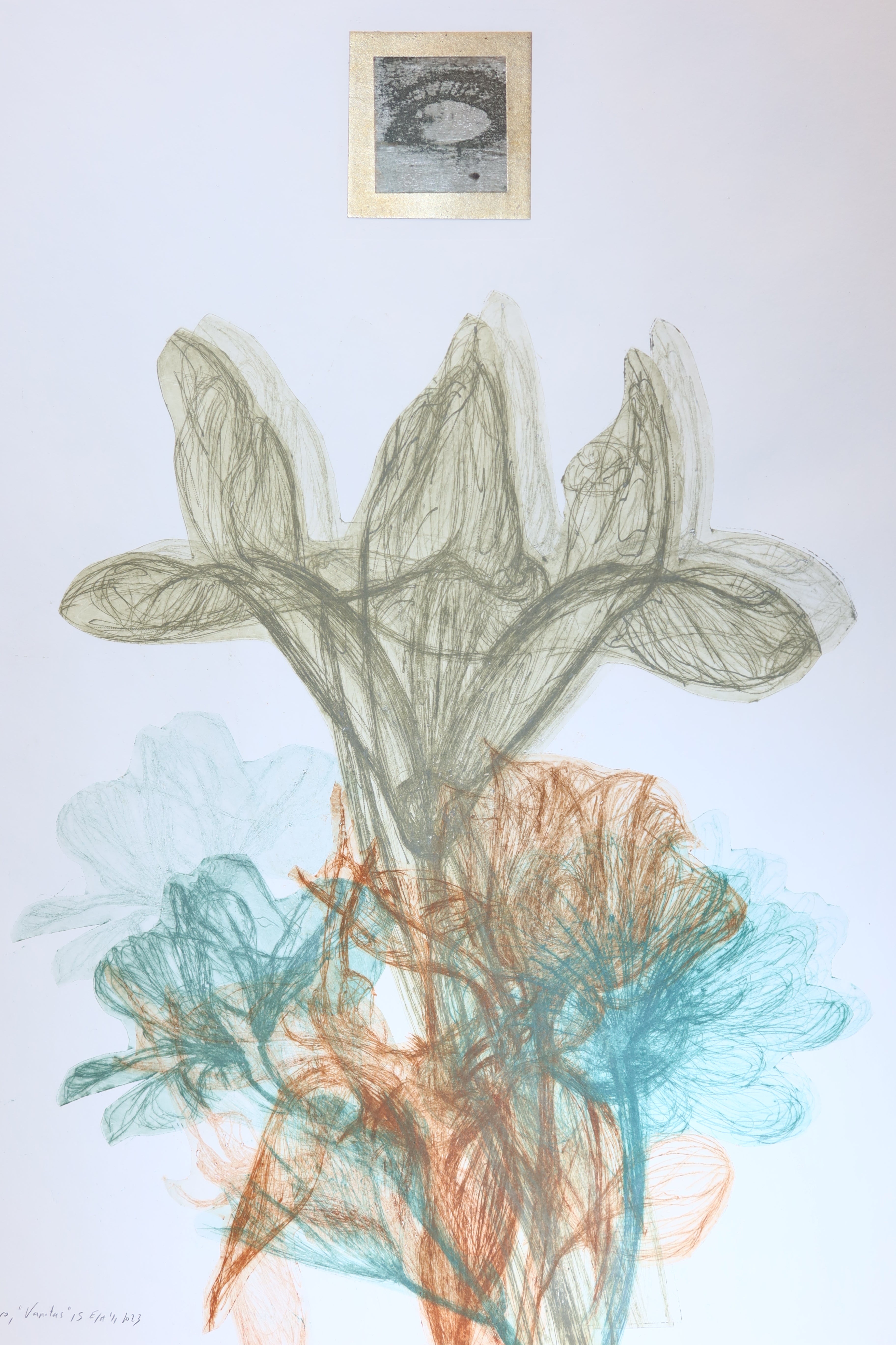 Œuvre originale de la collection Vanitas, gravure sur papier, motifs de fleurs au rendu délicat.