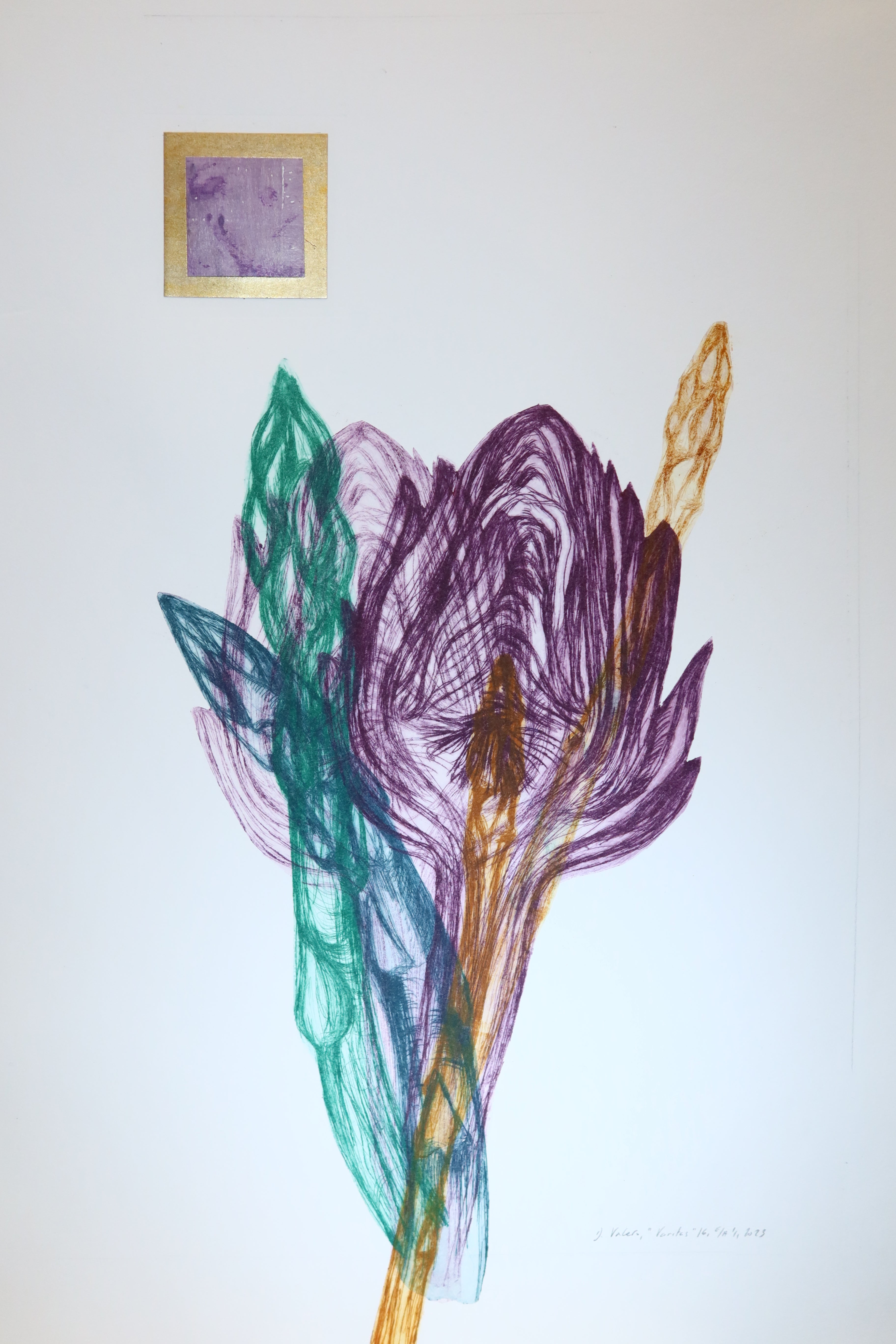Œuvre originale de la collection Vanitas, gravure sur papier, forme organique composée de traits fins, avec un visage présent dans un carré doré.