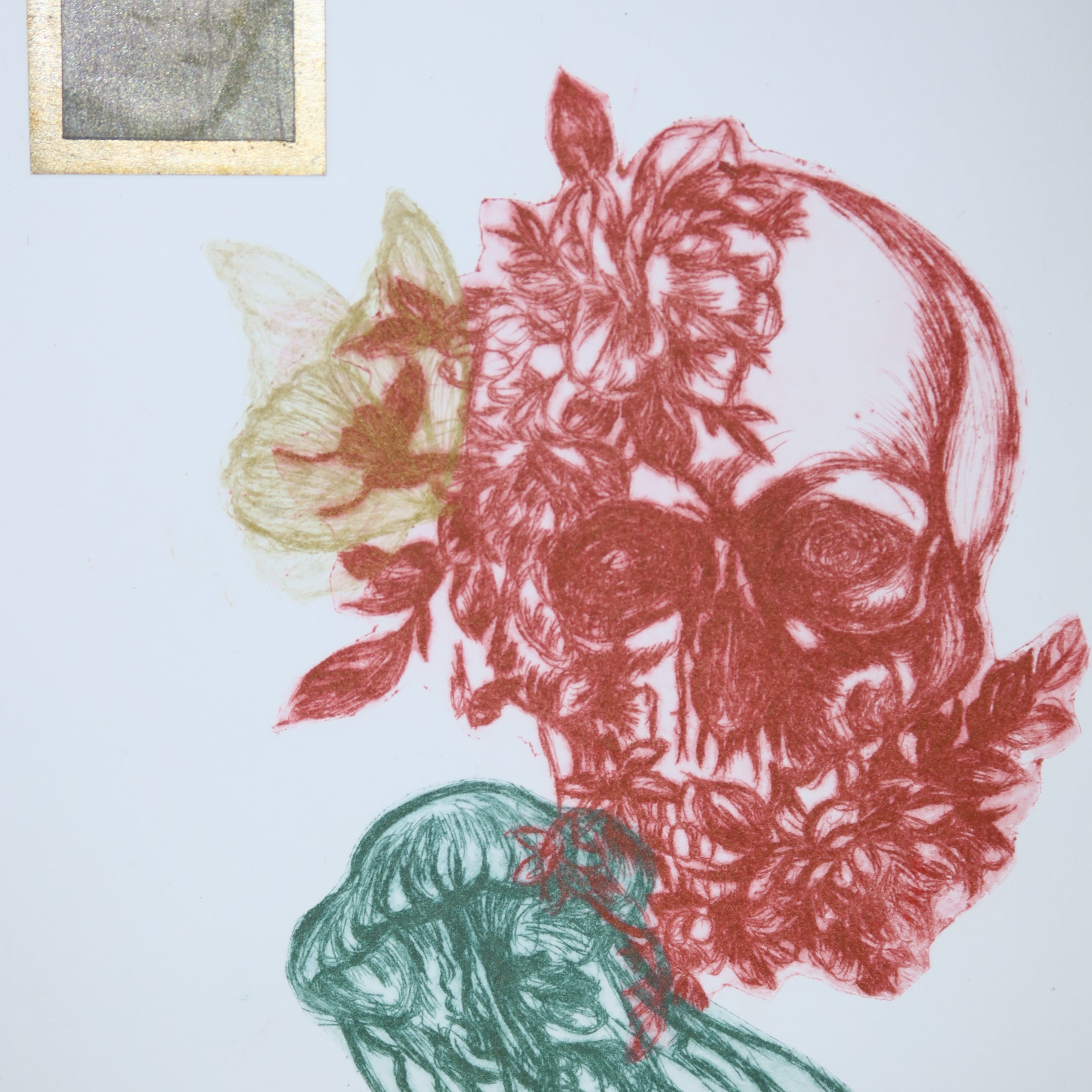 Œuvre originale de la collection Vanitas, gravure sur papier représentant un crâne associé à une méduse, une composition florale et un papillon.