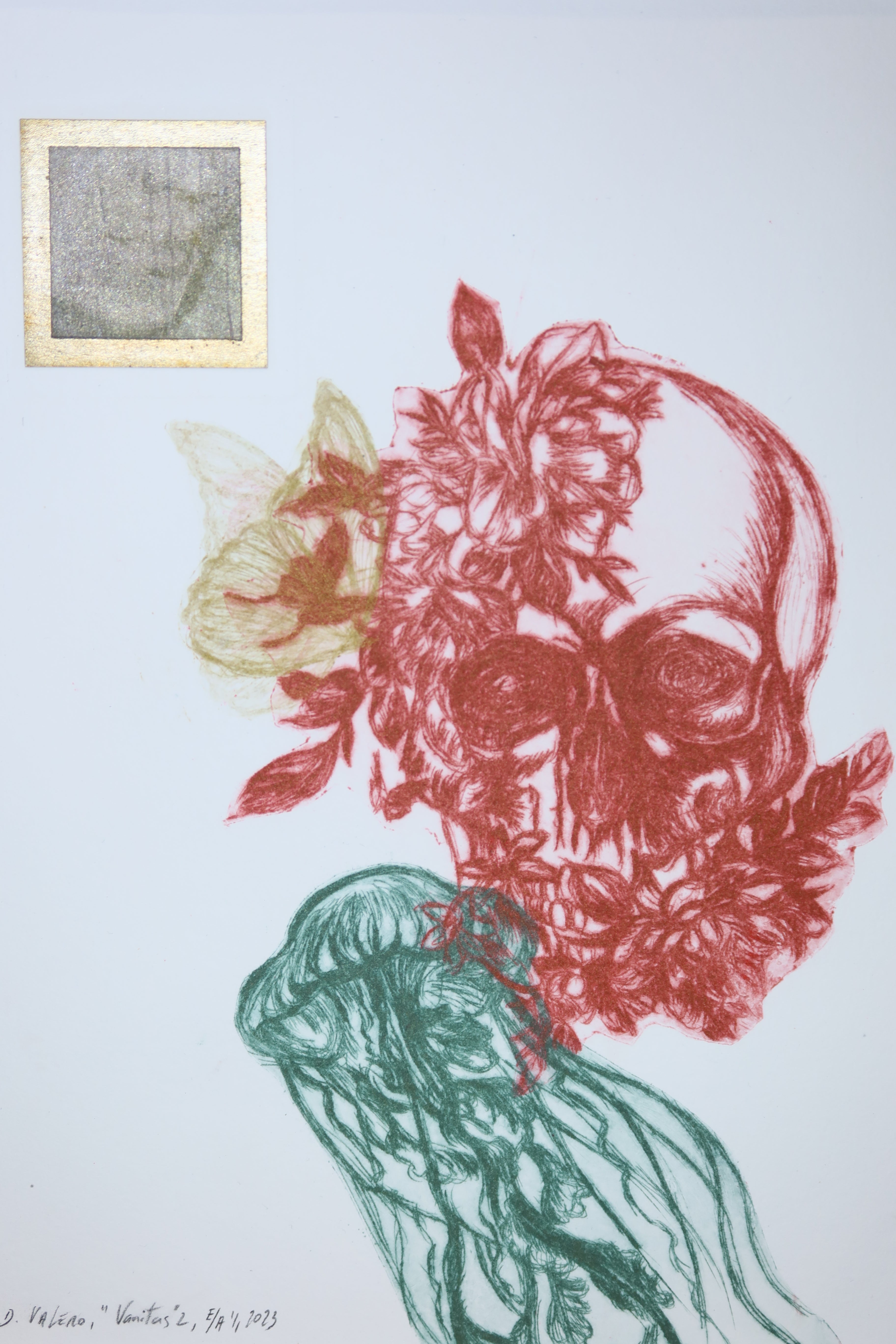 Œuvre originale de la collection Vanitas, gravure sur papier représentant un crâne associé à une méduse, une composition florale et un papillon.
