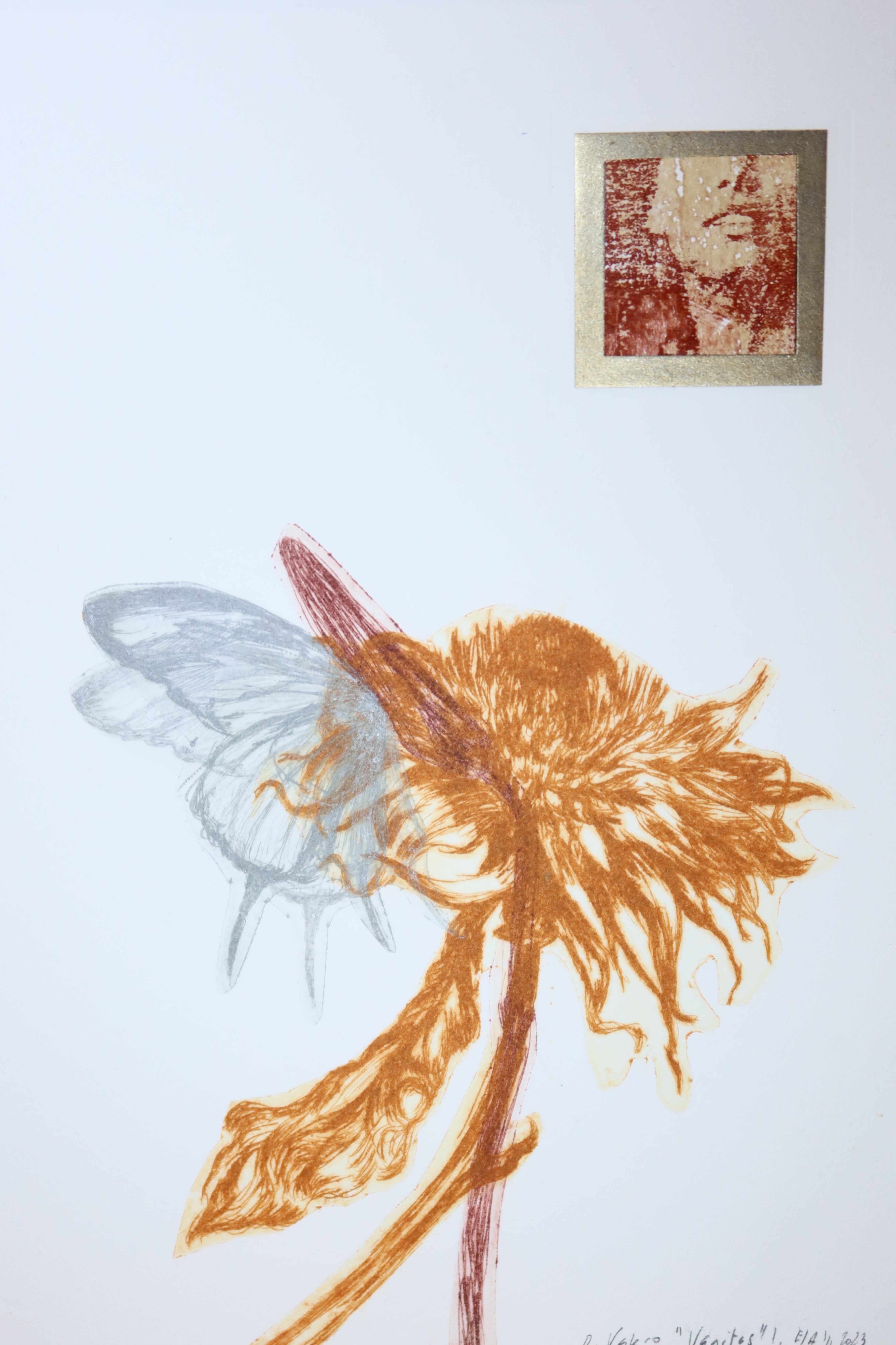 Œuvre originale de la collection Vanitas, gravure sur papier, fleur aux couleurs naturelles associée à un papillon, pétales en mouvement.