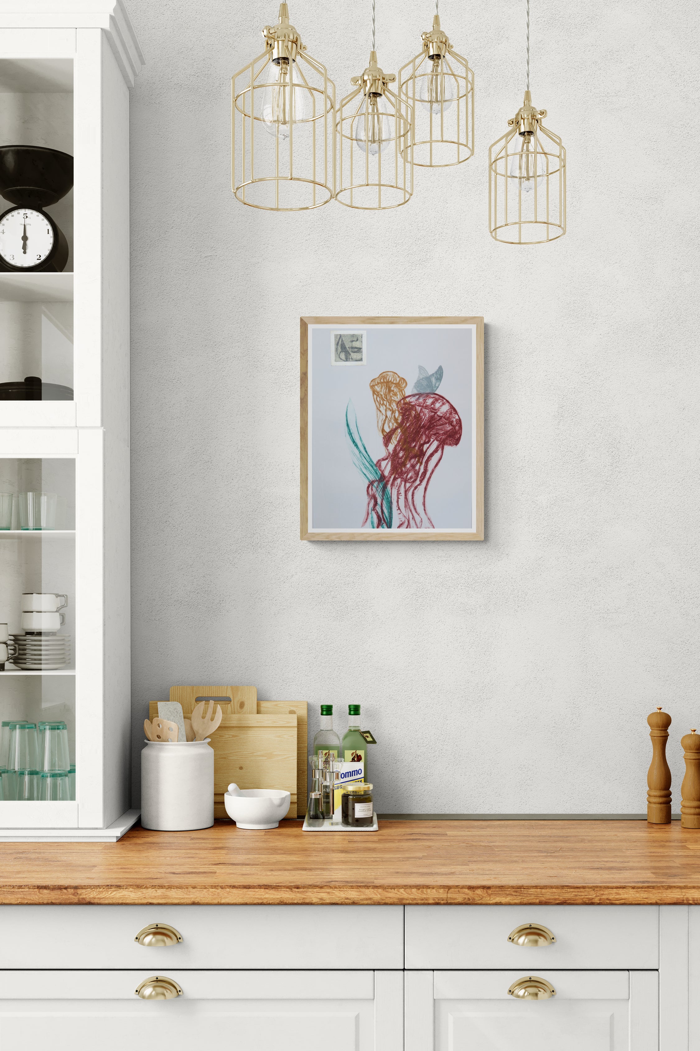 Œuvre encadrée de la collection Vanitas, gravure sur papier, composition avec méduses et papillon, présentée en intérieur.