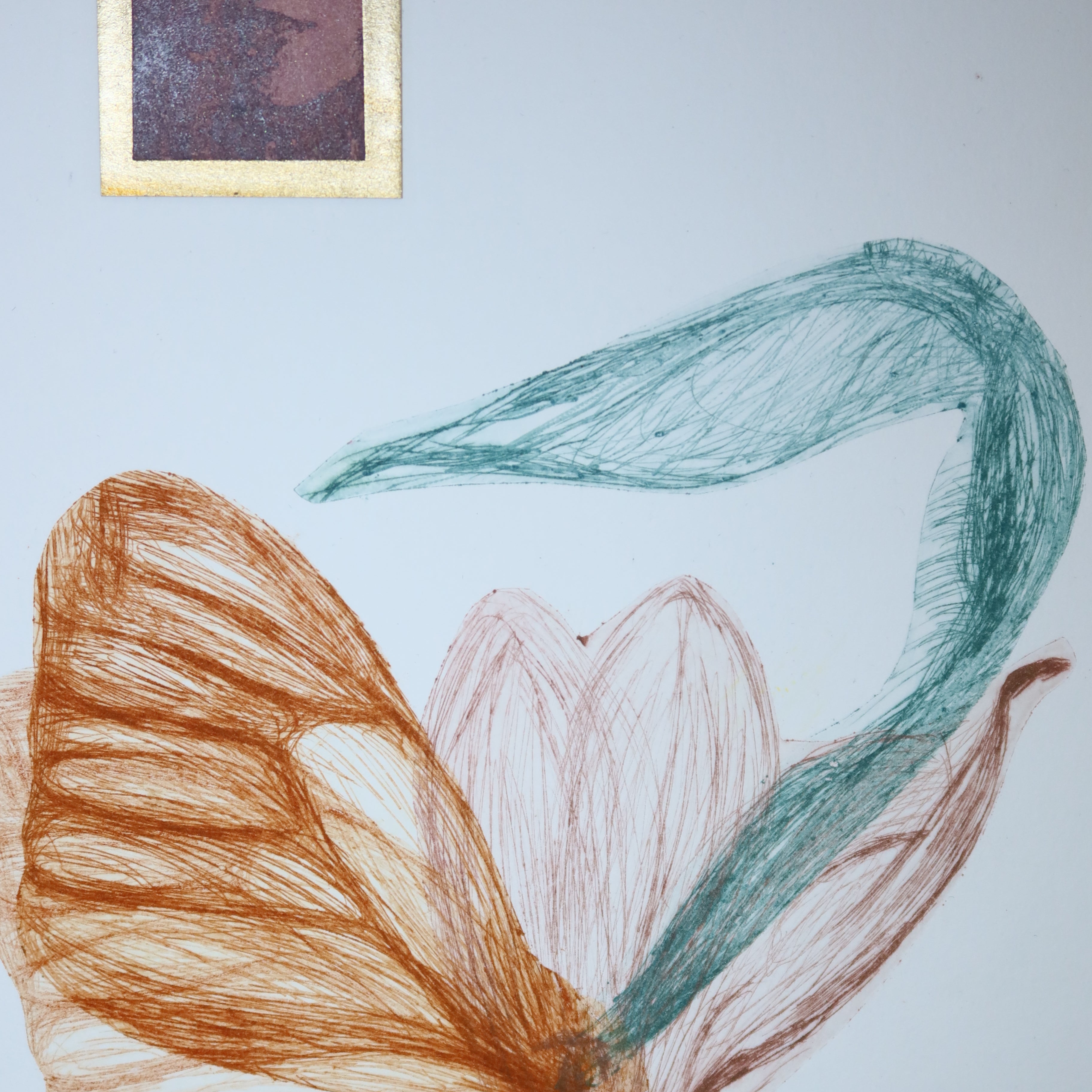 Œuvre originale de la collection Vanitas, gravure sur papier représentant un papillon, une fleur et un visage dans un cadre doré.