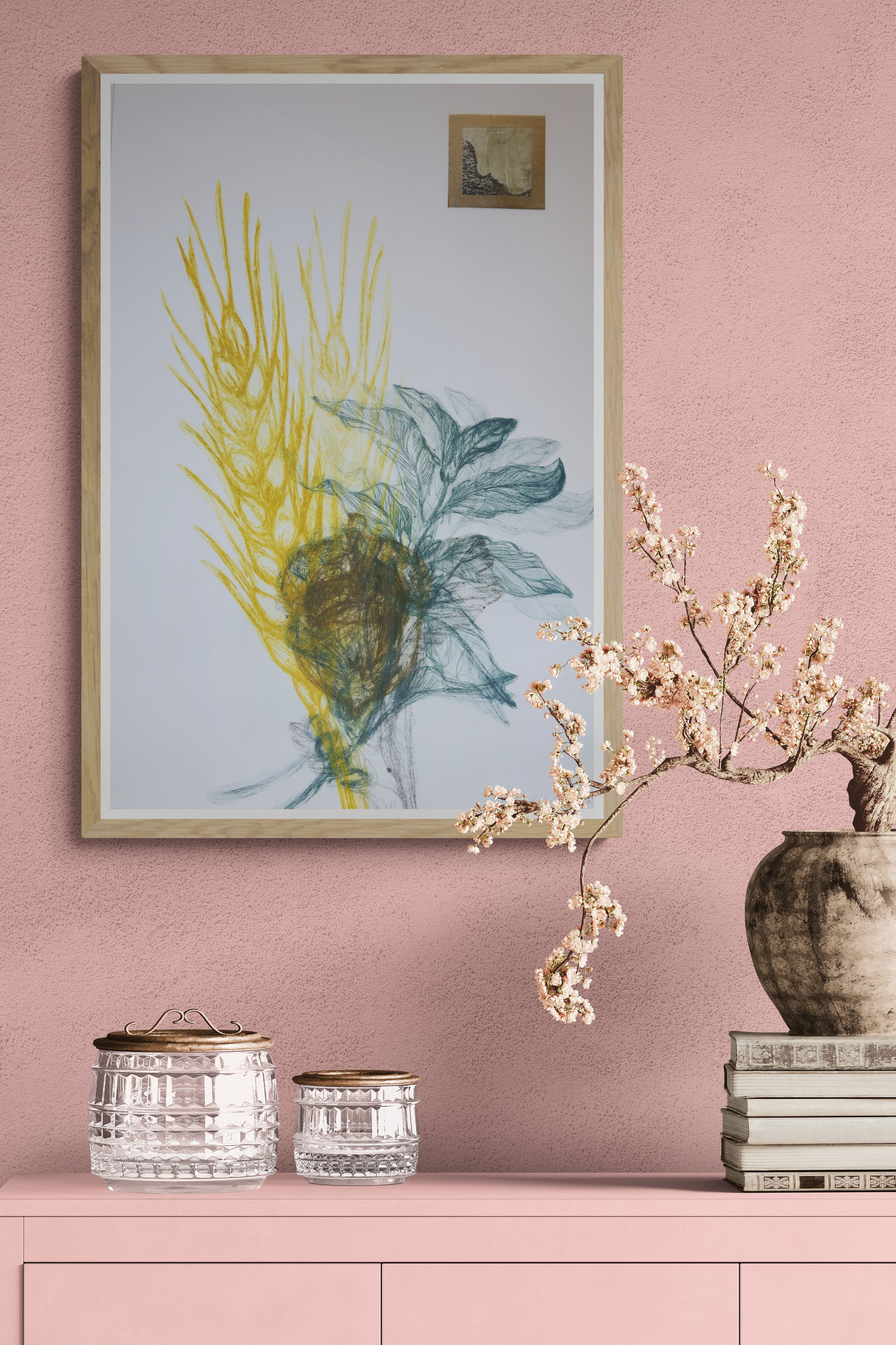 Œuvre de la collection Vanitas encadrée, gravure sur papier, motifs de nature associant blé et feuillage, présentée en intérieur.
