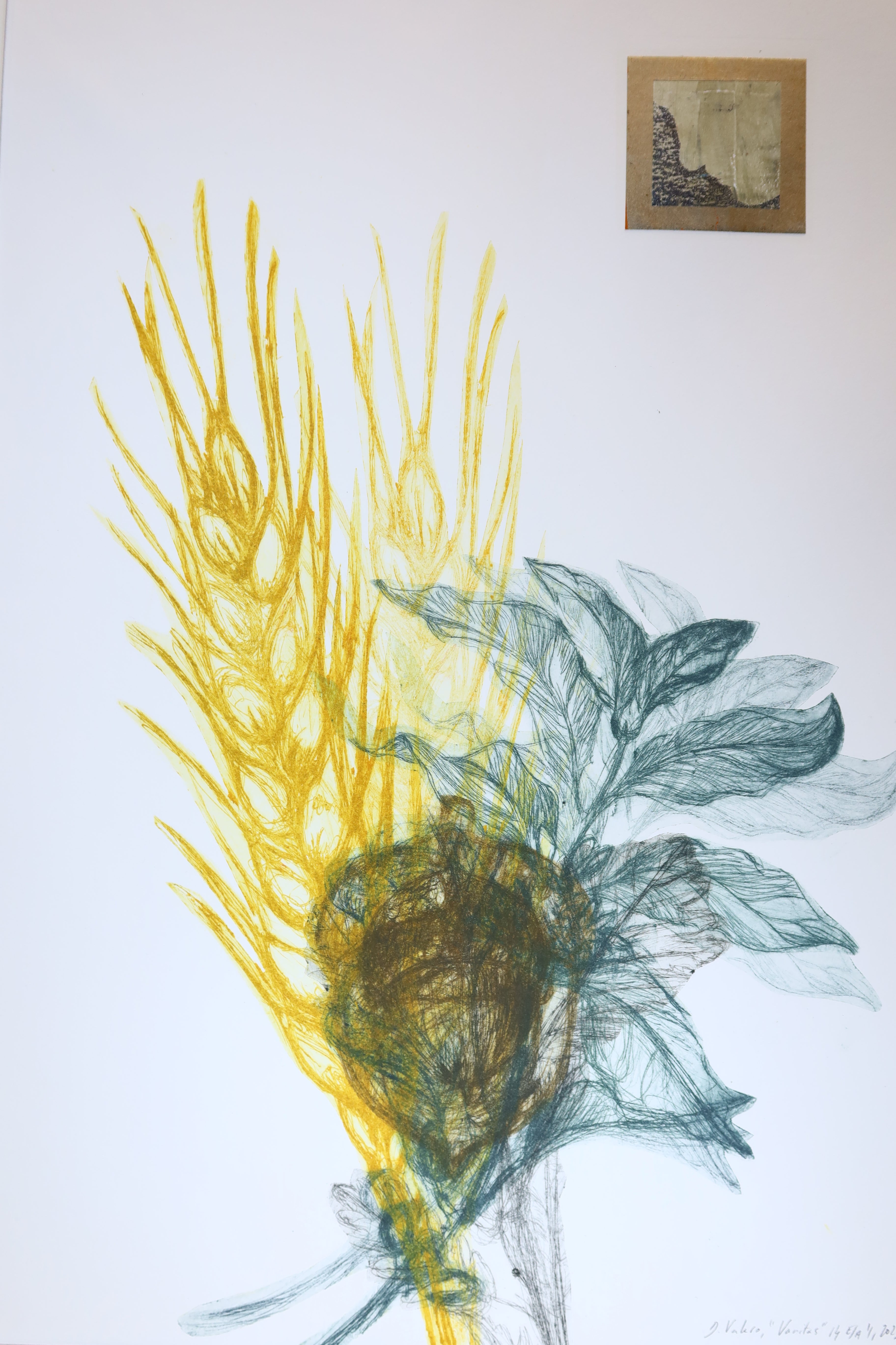 Œuvre originale de la collection Vanitas, gravure sur papier, motifs de nature associant blé et feuillage.